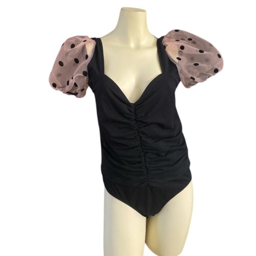 TCEC Black Ruched Bodysuit with Pink Polka Dot Sleeves women size L